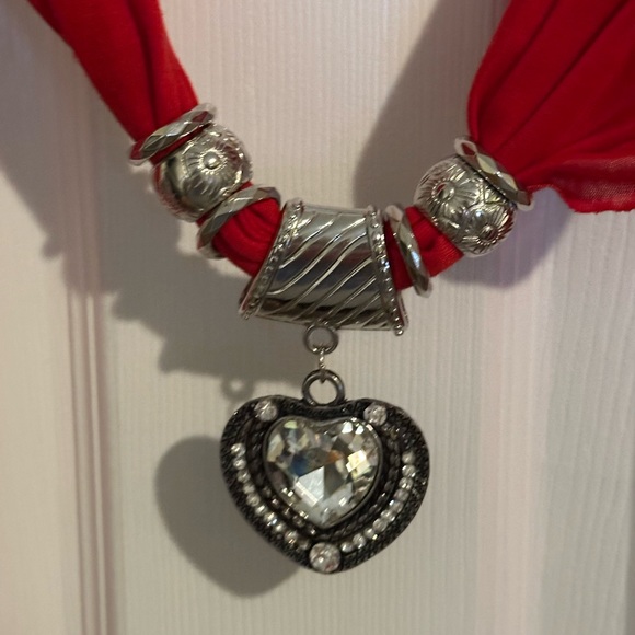 Red Cotton T-Shirt Scarf with Rhinestone Heart Silver Tone Hardware - Picture 3 of 5